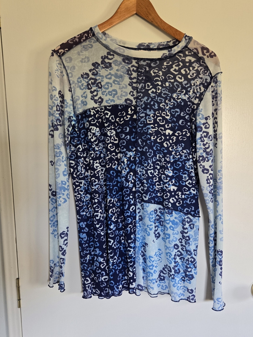 Logo Layers Blue Leopard Print Long-Sleeve Women's S Sheer Top